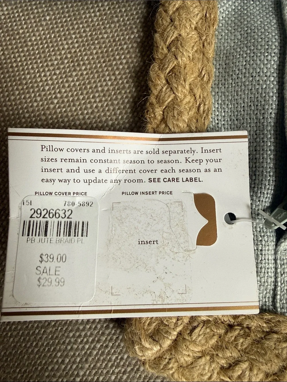 Light Blue Linen Throw Pillow Cover with Braided Tan Trim